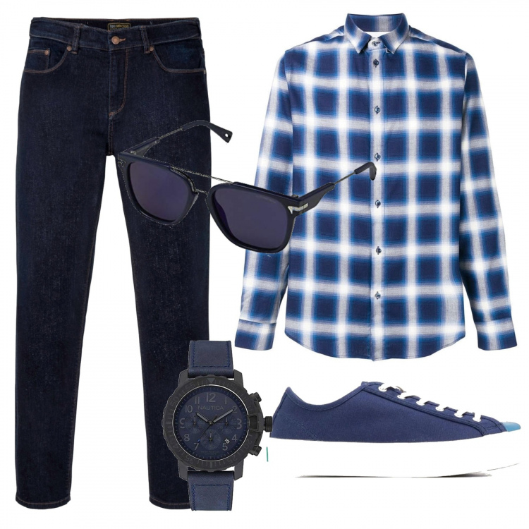 Outfit uomo - Tutto blu(camicia a quadri). Stile Casual per Tutti i giorni. Abbinamento con jeans dritti, camicia, sneakers, orologi, occhiali da sole.