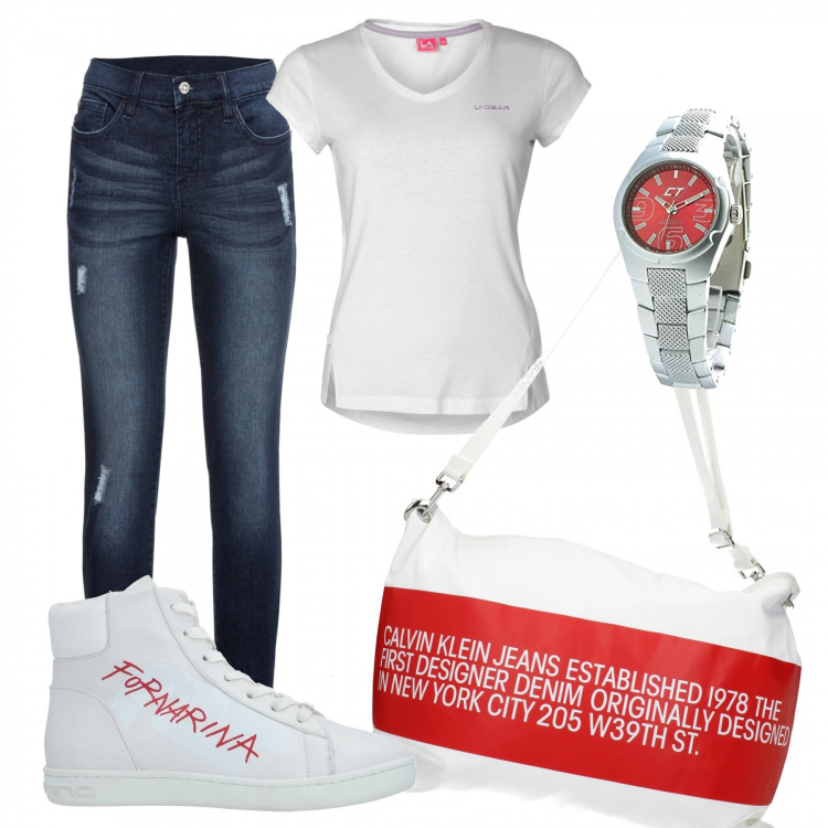 Outfit donna - Mix&Match. Stile Basic per Tutti i giorni. Abbinamento con jeans strappati, sneakers alte, borse a spalla, t-shirt, orologi.