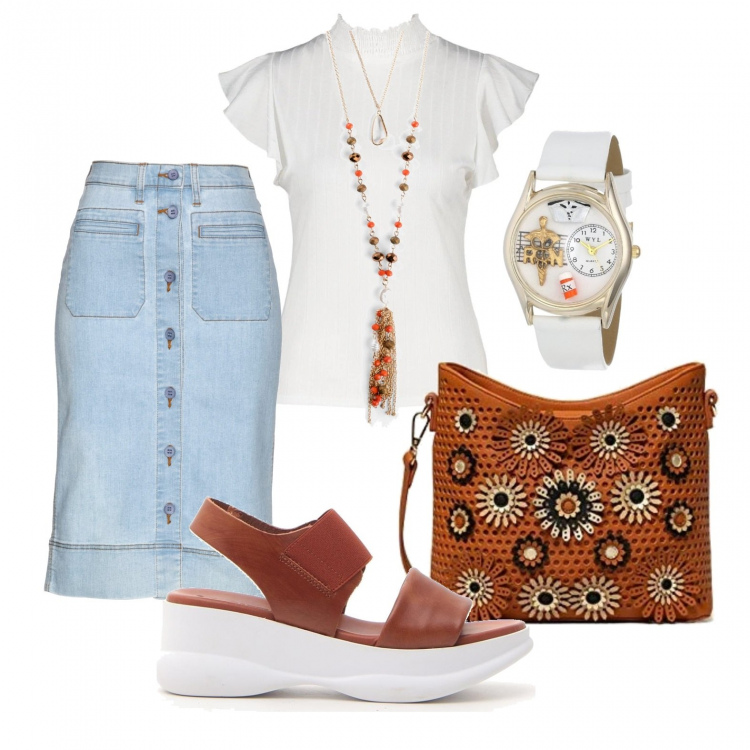Outfit donna - La gonna jeans a giugno. Stile Trendy per Tutti i giorni. Abbinamento con gonne, ciondoli, top, sandali, borse a mano, orologi.