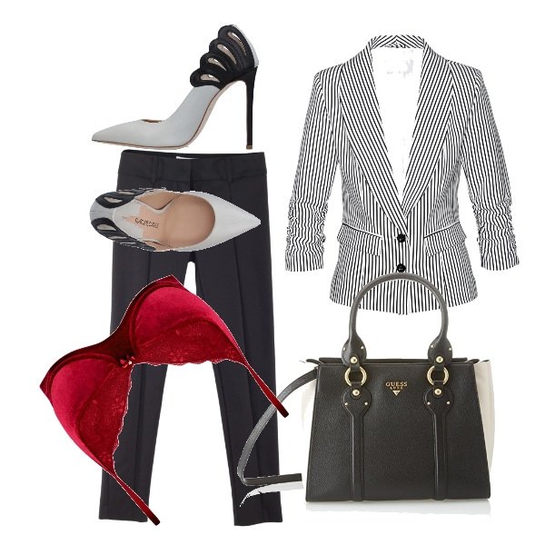 Outfit donna - Sexy con le righe. Stile Sexy per Cerimonia. Abbinamento con borsa a mano multicolore e nero.
