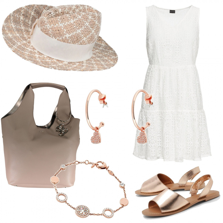 Outfit donna - L\'intramontabile cappello di paglia. Stile Trendy per Tutti i giorni. Abbinamento con cappelli, orecchini, vestiti, sandali, borse a mano, braccialetti.