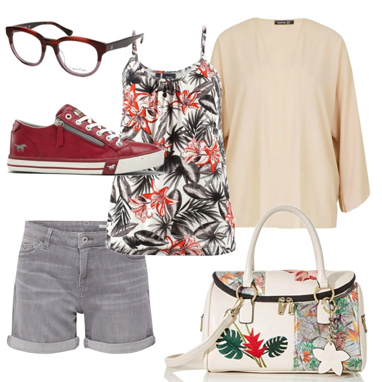 Outfit donna - Nel tempo libero. Stile Basic per Tutti i giorni. look ideale per Petite. Abbinamento con top, sneakers, cardigan, borse a mano, shorts, occhiali da vista.