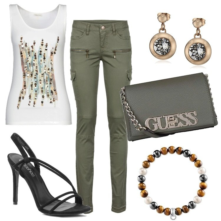 Outfit donna - Pantalone cargo + top bianco. Stile Trendy per Tutti i giorni. Abbinamento con pantaloni cargo, top, scarpe col tacco, braccialetti, borsa a tracolla, orecchini.