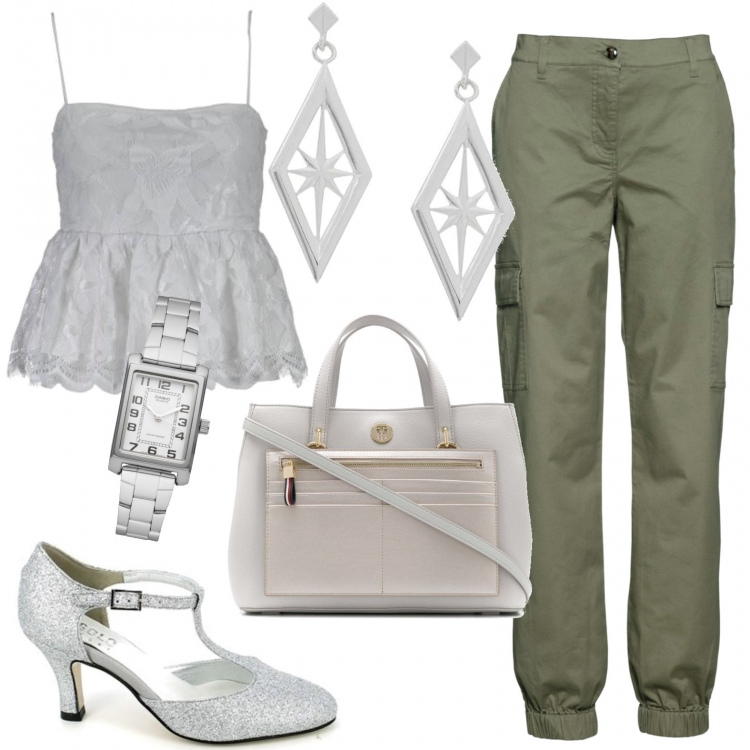 Outfit donna - Contrasti. Stile Trendy per Tutti i giorni. Abbinamento con pantaloni cargo, orologi, décolleté, borse tote, orecchini, canottiere.