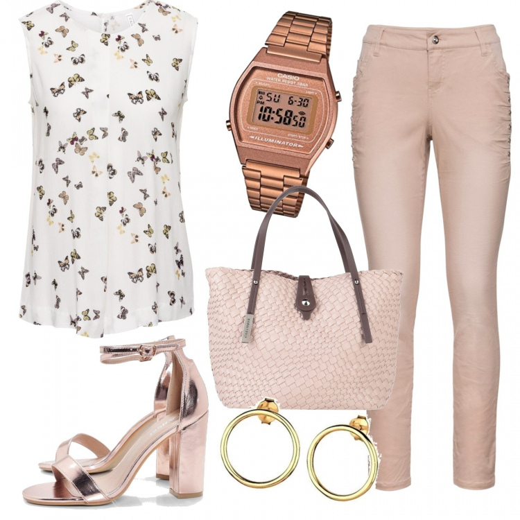 Outfit donna - Top con farfalle. Stile Basic per Tutti i giorni. Abbinamento con top, pantaloni, borse a mano, scarpe col tacco, orologi digitali, orecchini.