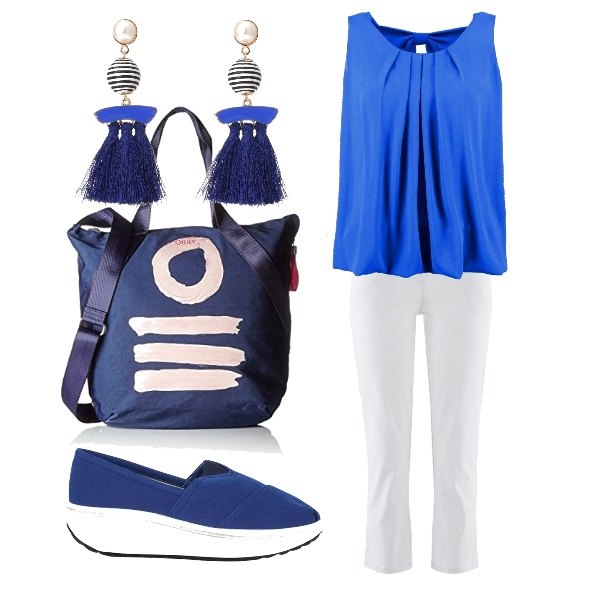 Outfit donna - Pronta per lo shopping. Stile Basic per Tutti i giorni. Abbinamento con pantaloni, orecchini con perle e nappine blu scuro.