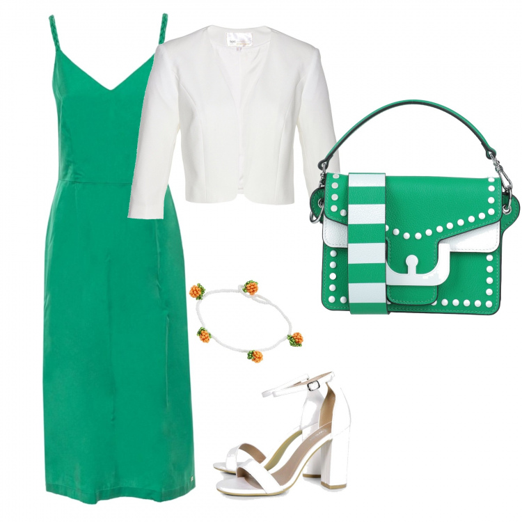 Outfit donna - Serata d\'estate. Stile Trendy per Serata fuori. Abbinamento con borse a tracolla, braccialetto, maglieria, scarpe col tacco, vestito.