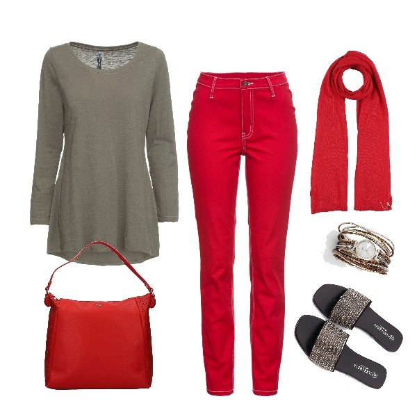 Outfit donna - Spezzato. Stile Basic per Tutti i giorni. Abbinamento con stole, maglieria, pantaloni, orologi, borsa a mano, sandali.