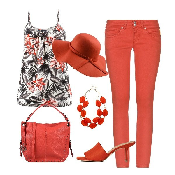 Outfit donna - Gigli rossi. Stile Basic per Tutti i giorni. Abbinamento con top, collane, jeans, borsa a mano, sabot, cappelli.