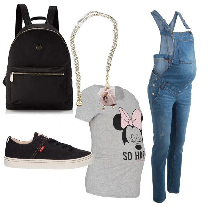 Outfit donna - In dolce attesa. Stile Basic per Tutti i giorni. look ideale per Premaman. Abbinamento con salopette, pullovers, ciondoli, zaino, sneakers.