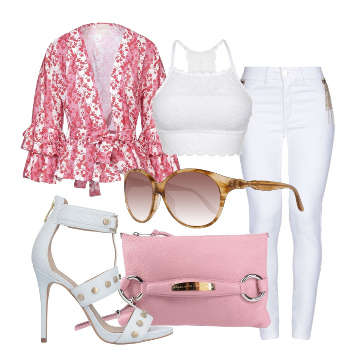 Outfit donna - Jeans skinny e tacco 12. Stile Sexy per Tutti i giorni. Abbinamento con reggiseni, sandali col tacco, blazer, jeans, borse a mano, occhiali da sole.