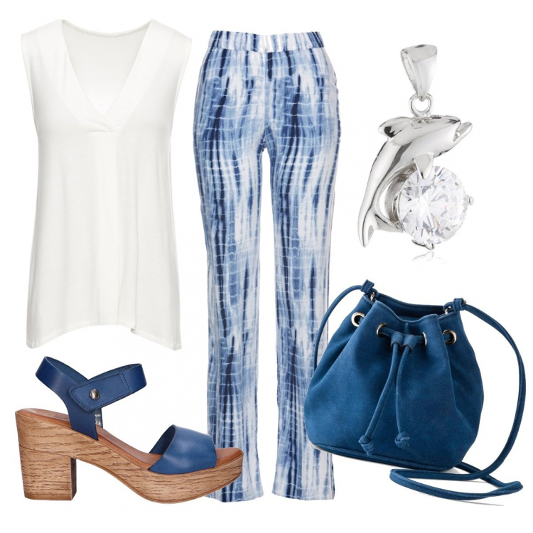 Outfit donna - Oceani. Stile Basic per Tutti i giorni. Abbinamento con top, pantaloni, borsa a tracolla, sandali con tacco, ciondoli.