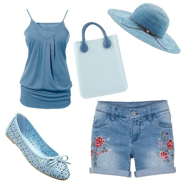 Outfit donna - Ballerine e cappello di paglia. Stile Basic per Tutti i giorni. Abbinamento con top, shorts, ballerine, borse a mano, cappelli.
