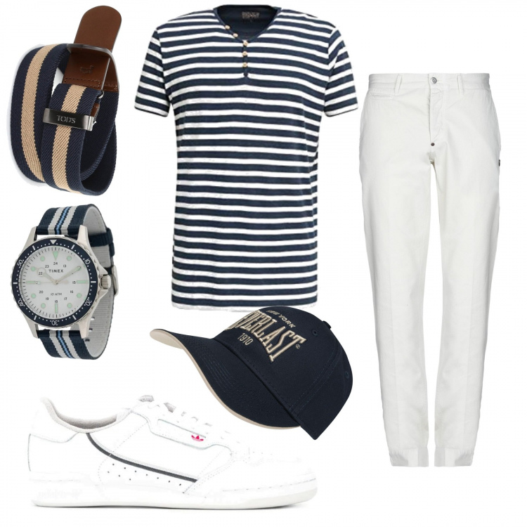 Outfit uomo - T-shirt a righe+ sneackers. Stile Casual per Tutti i giorni. Abbinamento con sneakers, orologi, pantaloni, cinture, cappelli, t-shirt.