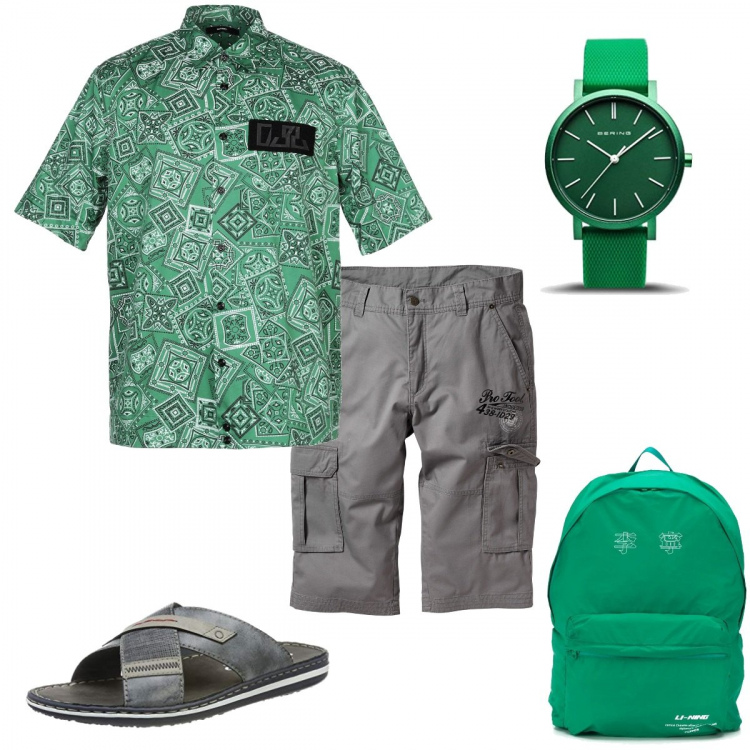Outfit uomo - Trendy #4648. Stile Trendy per Tutti i giorni. Abbinamento con bermuda, camicie a manica corta, zaino, ciabatte, orologi.