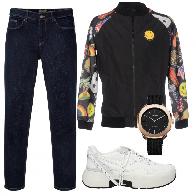 Outfit uomo - Giubbino con emoticon. Stile Casual per Tutti i giorni. Abbinamento con jeans dritti, bomber, sneakers, orologio.