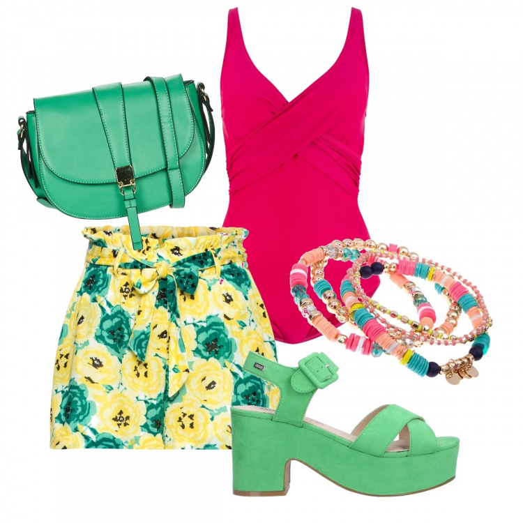 Outfit donna - Color. Stile Trendy per Mare. Abbinamento con costumi interi, shorts, borse a tracolla, sandali col tacco, shopping bag.