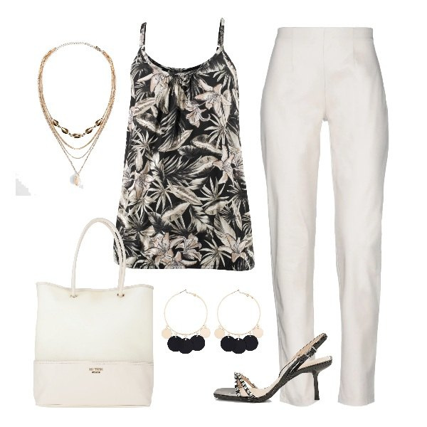 Outfit donna - Fresca serata estiva. Stile Basic per Serata fuori. Abbinamento con top, ciondoli, orecchini, pantalone lungo, borse a mano, sandali col tacco.