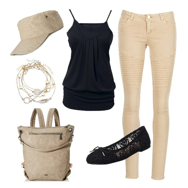 Outfit donna - A capelli raccolti. Stile Basic per Tutti i giorni. Abbinamento con top, braccialetti con ciondoli, pantaloni, ballerine, zaini, cappelli con visiera.