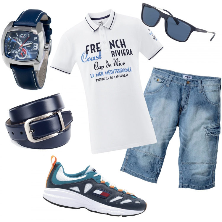 Outfit uomo - Eternal basic. Stile Casual per Tutti i giorni. Abbinamento con bermuda, sneakers, occhiali da sole, polo, orologi, cinture.