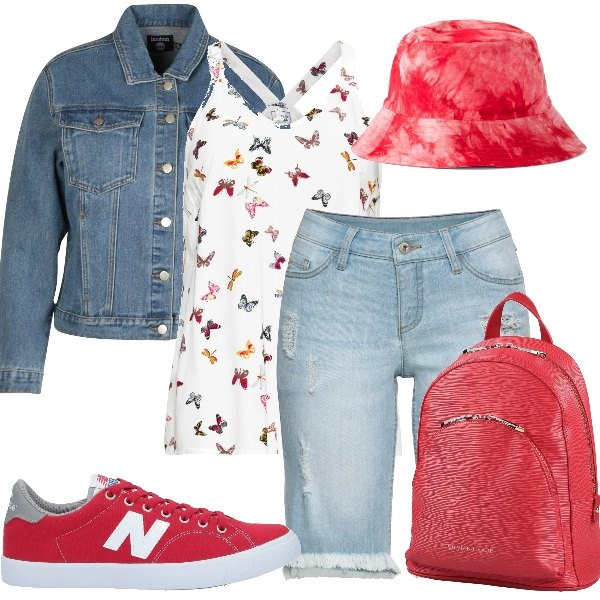 Outfit donna - Sole o pioggia - taglia 50 curvy. Stile Urban per Sport. Abbinamento con top, bermuda, cappello, zaini, sneakers, stivaletti texani.