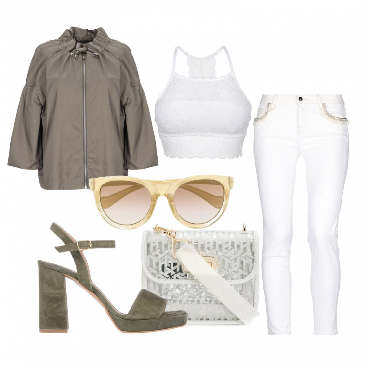 Outfit donna - Giornata ventosa. Stile Trendy per Tutti i giorni. Abbinamento con reggiseni, cappotti, jeans slim fit, sandali col tacco, borse a tracolla, occhiali da sole.