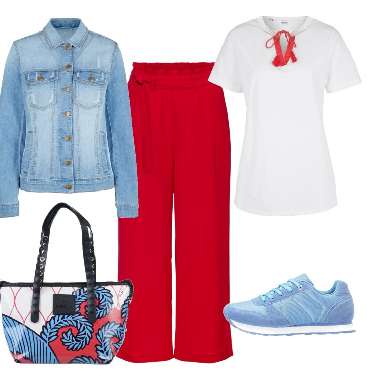 Outfit donna - Dopo cena, al molo. Stile Basic per Serata fuori. Abbinamento con blazer, pantaloni culotte, pullovers, sneakers, borse a mano.