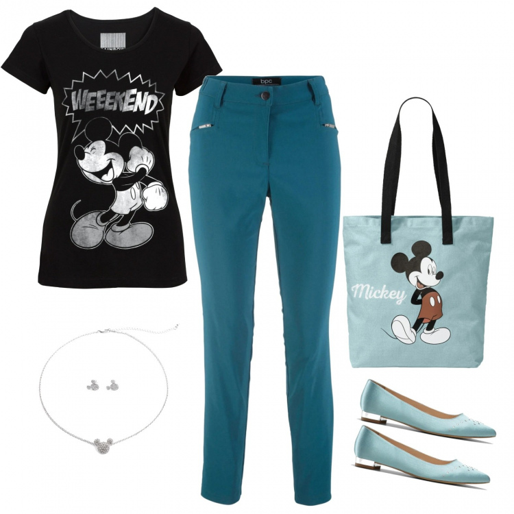 Outfit donna - Giornata con Topolino. Abbinamento con t-shirt, pantaloni, ballerine, shopping bag, collane.