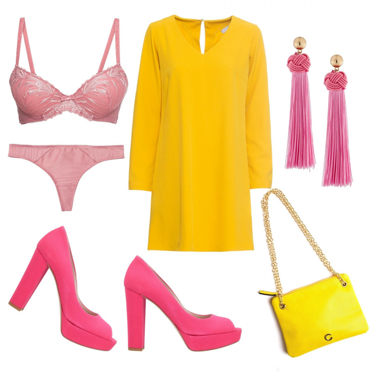 Outfit donna - Corto in giallo. Stile Bon Ton per Serata fuori. Abbinamento con zeppe, vestiti, reggiseni, orecchini, perizomi, borse.