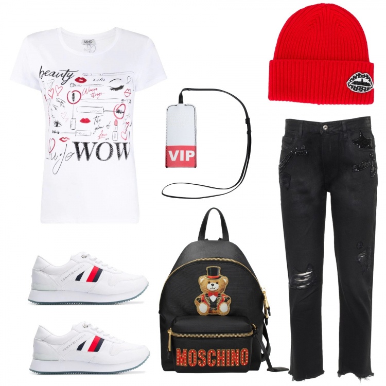 Outfit donna - Mattinata trendy. Stile Trendy per Tutti i giorni. Abbinamento con portachiavi, zaino, sneakers, t-shirt, berretto, jeans.