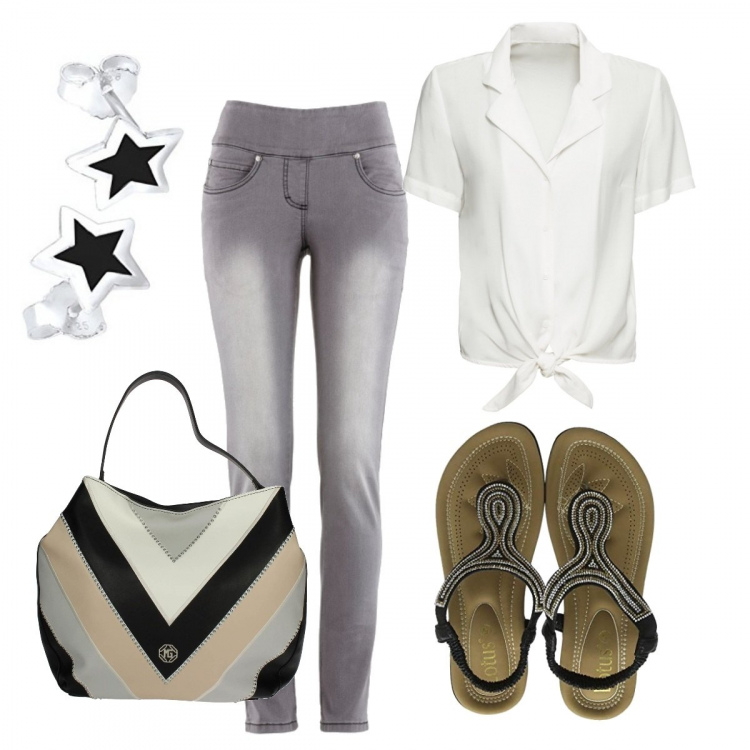 Outfit donna - Semplicità e comodità. Abbinamento con jeans slim fit, camicie a manica corta, shopping bag, sandali, orecchini.