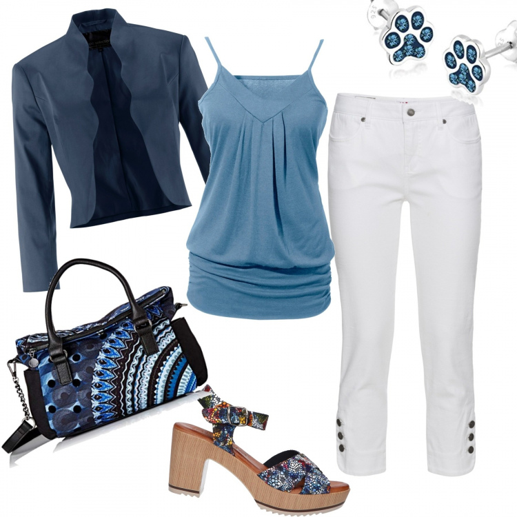 Outfit donna - Elaborazione donna. Stile Trendy per Tutti i giorni. Abbinamento con top, jeans slim fit, blazer, sandali, borse a mano, orecchini.
