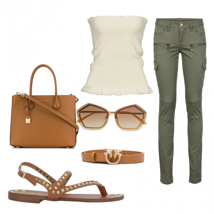 Outfit donna - French toast. Stile Urban per Tutti i giorni. look ideale per Tall. Abbinamento con pantaloni cargo, top, infradito, borsa tote, occhiali da sole, cinture.