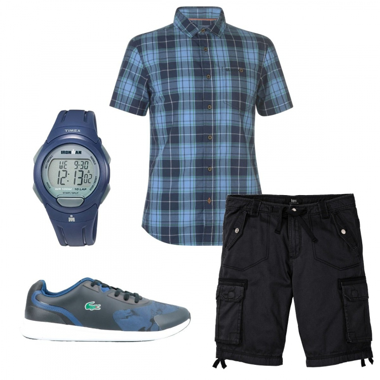 Outfit uomo - Casual #12227. Stile Casual per Tutti i giorni. Abbinamento con bermuda, sneakers, camicie a manica corta, orologi digitali.