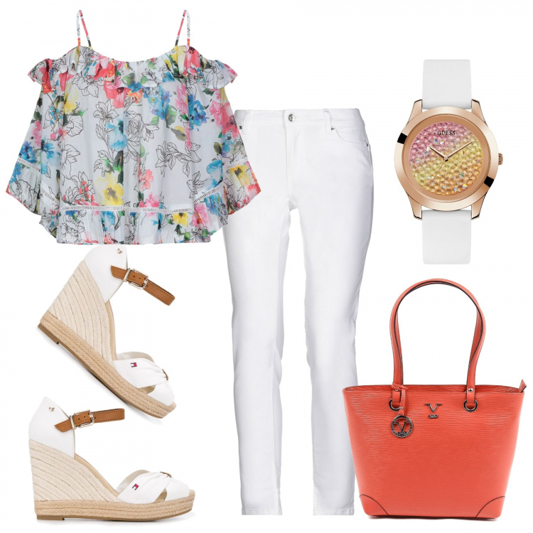 Outfit donna - Serata al corso. Stile Basic per Serata fuori. Abbinamento con bluse, pantaloni, orologi, sandali, borse.