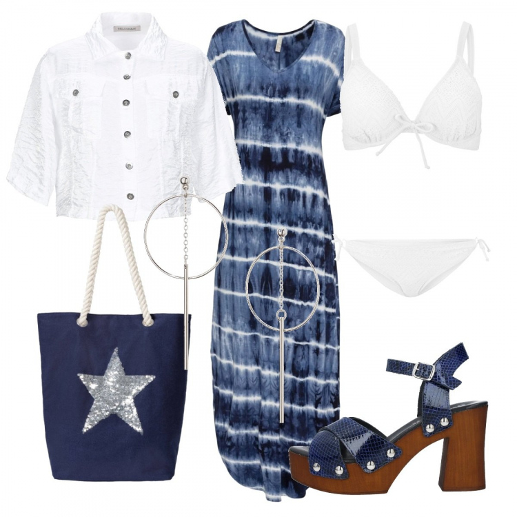 Outfit donna - Usciamo in barca. Stile Basic per Mare. Abbinamento con vestiti lunghi, shopping bag, bikini, orecchini, sandali in pelle, giubbotto.