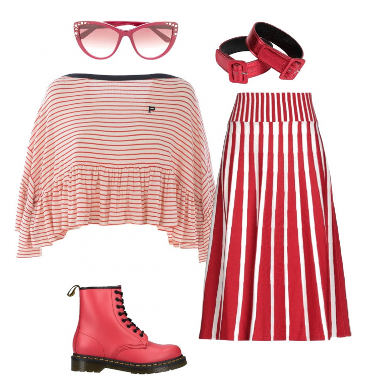 Outfit donna - Rosso di sera..... Stile Basic per Tutti i giorni. Abbinamento con occhiali da sole, gonna longuette, stivaletti, braccialetti, top.