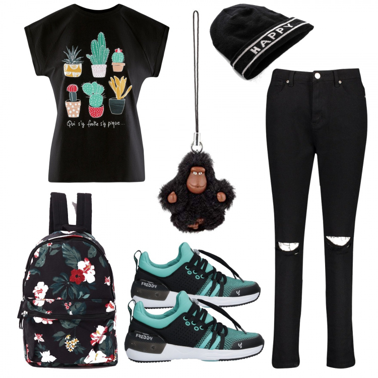 Outfit donna - Voglia di natura. Stile Trendy per Tutti i giorni. Abbinamento con sneakers, berretti, jeans skinny, t-shirt, zaini, anelli.