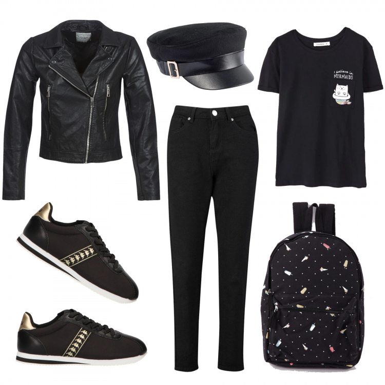 Outfit donna - Un giornata a Londra. Stile Trendy per Tutti i giorni. Abbinamento con berretti, jeans mom, blazer, sneakers, zaini, t-shirt.