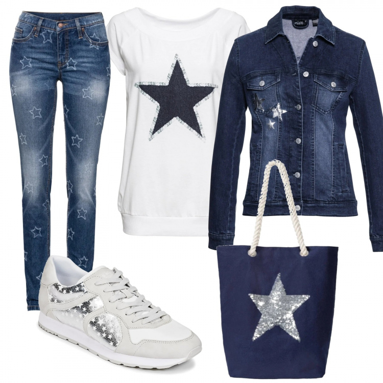 Outfit donna - Denim & stars. Stile Basic per Tutti i giorni. Abbinamento con t-shirt, shopping bag, giacche, jeans, sneakers.