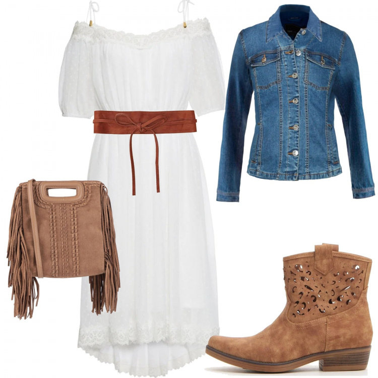 Outfit donna - Country chic. Stile Chic per Tutti i giorni. Abbinamento con vestiti, blazer, borsa a mano, cinture, stivaletti.