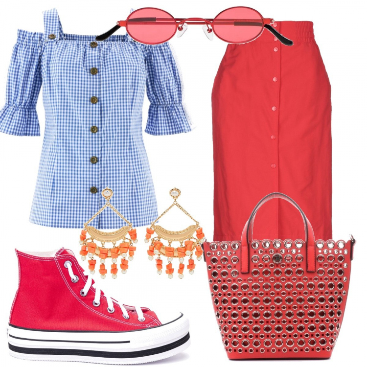 Outfit donna - Rosso di...giorno. Stile Urban per Ufficio. Abbinamento con camicie a manica corta, gonne longuette, orecchini, borse a mano, occhiali da sole, sneakers.