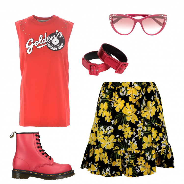 Outfit donna - Color. Stile Rock per Tutti i giorni. look ideale per Premaman. Abbinamento con occhiali da sole, stivaletti, braccialetti, minigonna, canottiere.