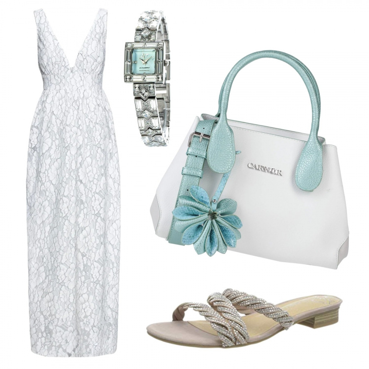Outfit donna - Mix&Match. Stile Chic per Serata fuori. Abbinamento con borse a mano, vestiti midi/longuette, ciabatte, orologi.