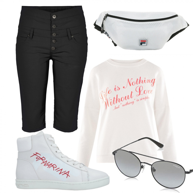 Outfit donna - Mix&Match. Stile Trendy per Tutti i giorni. Abbinamento con bermuda, sneakers alte, marsupio, occhiali da sole, maglioni.