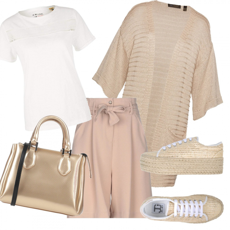 Outfit donna - Basic #24899. Stile Basic per Tutti i giorni. Abbinamento con cardigans, bermuda, sneakers, borse a mano, t-shirt.