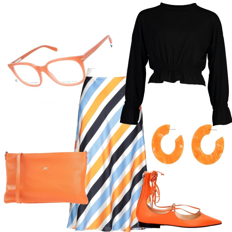 Outfit donna - Orange. Stile Trendy per Ufficio. Abbinamento con gonne longuette, borse a mano, top, sandali, orecchini, occhiali.