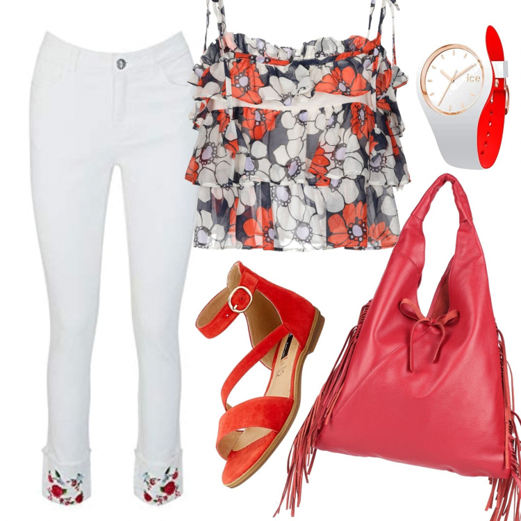 Outfit mujer - Pantalón blanco+top de flores!!. Estilo Chic para Oficina. Combinación con vaqueros, sandalias, reloj, camiseta, bolsos de hombro.