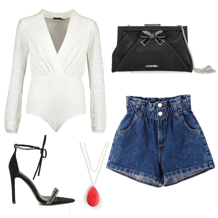 Outfit donna - Sexy #5553. Stile Sexy per Serata fuori. Abbinamento con gonne, shorts, top, scarpa col tacco, pochette.
