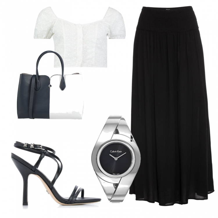 Outfit donna - Ali del frassino. Stile Trendy per Tutti i giorni. look ideale per Petite. Abbinamento con gonne, borse a mano, top, sandali col tacco, orologio.